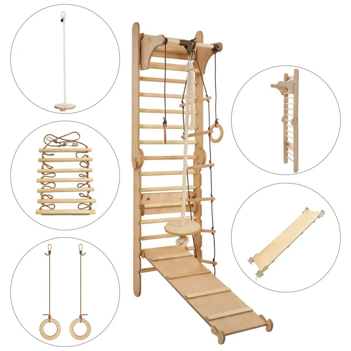 4in1 Climbing Set: Wooden Swedish Wall   Swing Set   Slide Board   Triangle Ladder