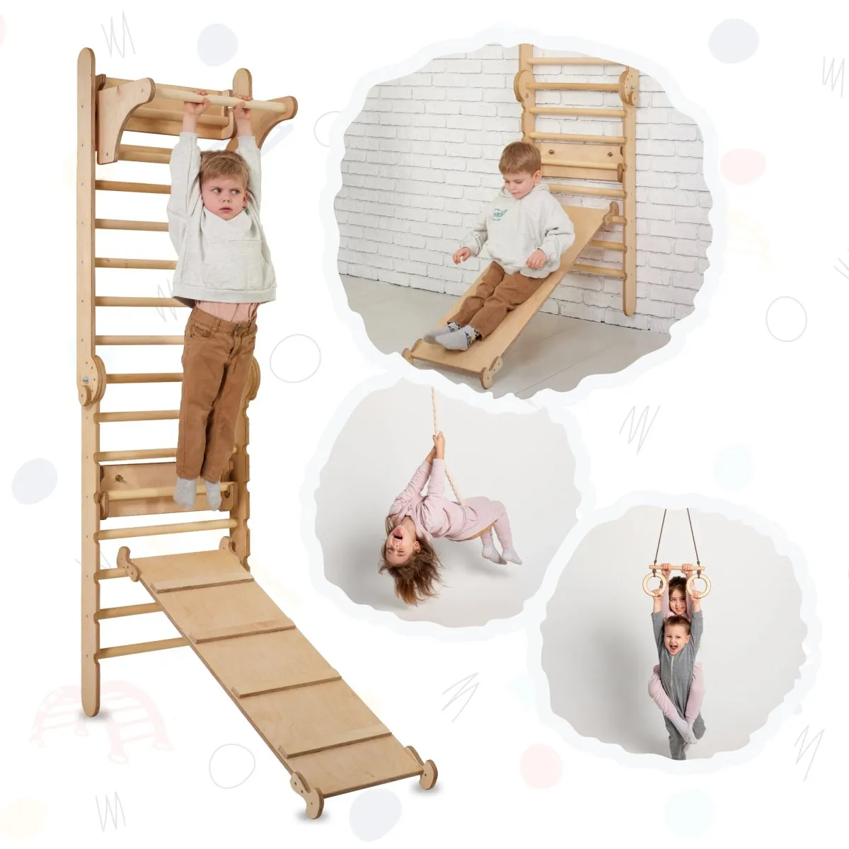 4in1 Climbing Set: Wooden Swedish Wall   Swing Set   Slide Board   Triangle Ladder