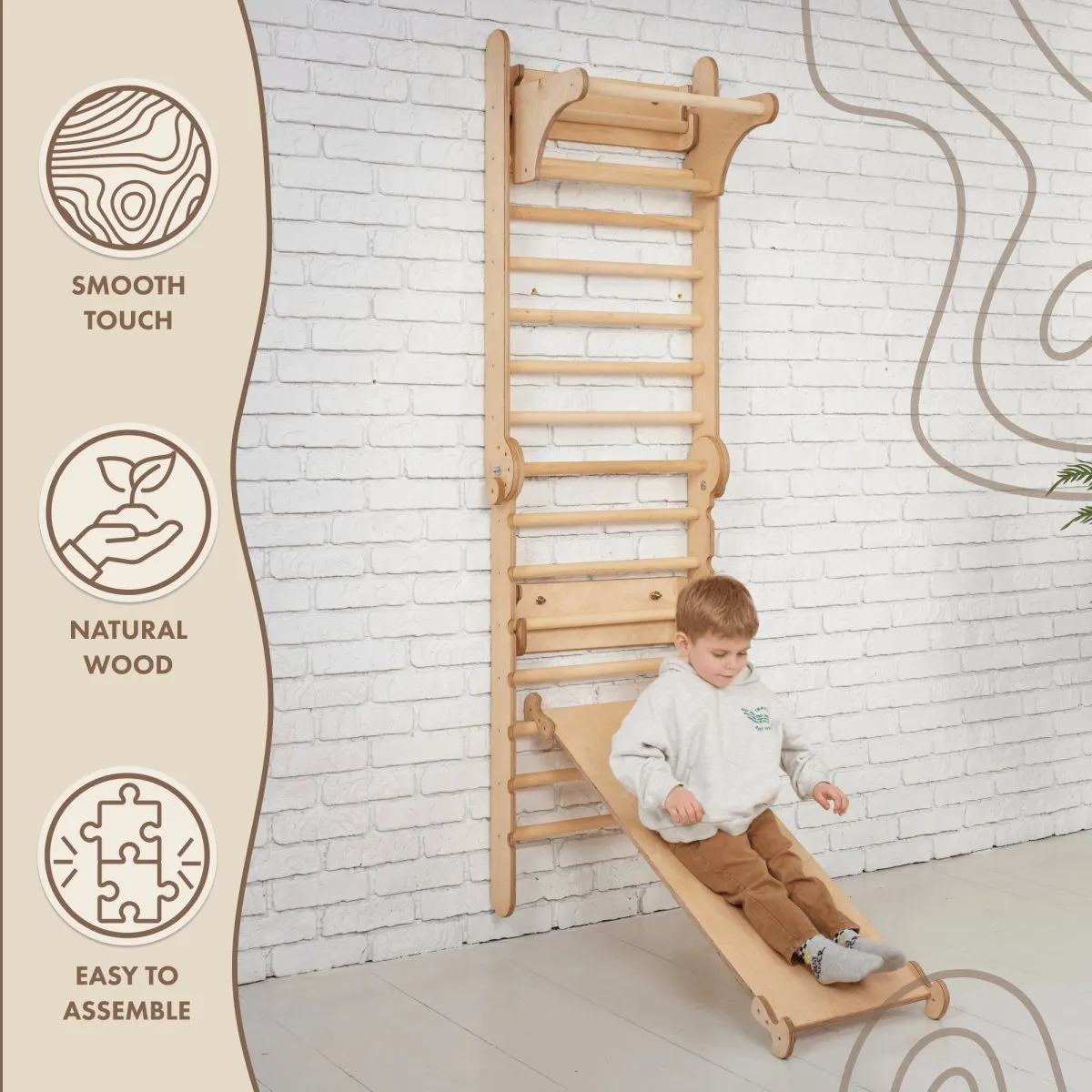 4in1 Climbing Set: Wooden Swedish Wall   Swing Set   Slide Board   Triangle Ladder