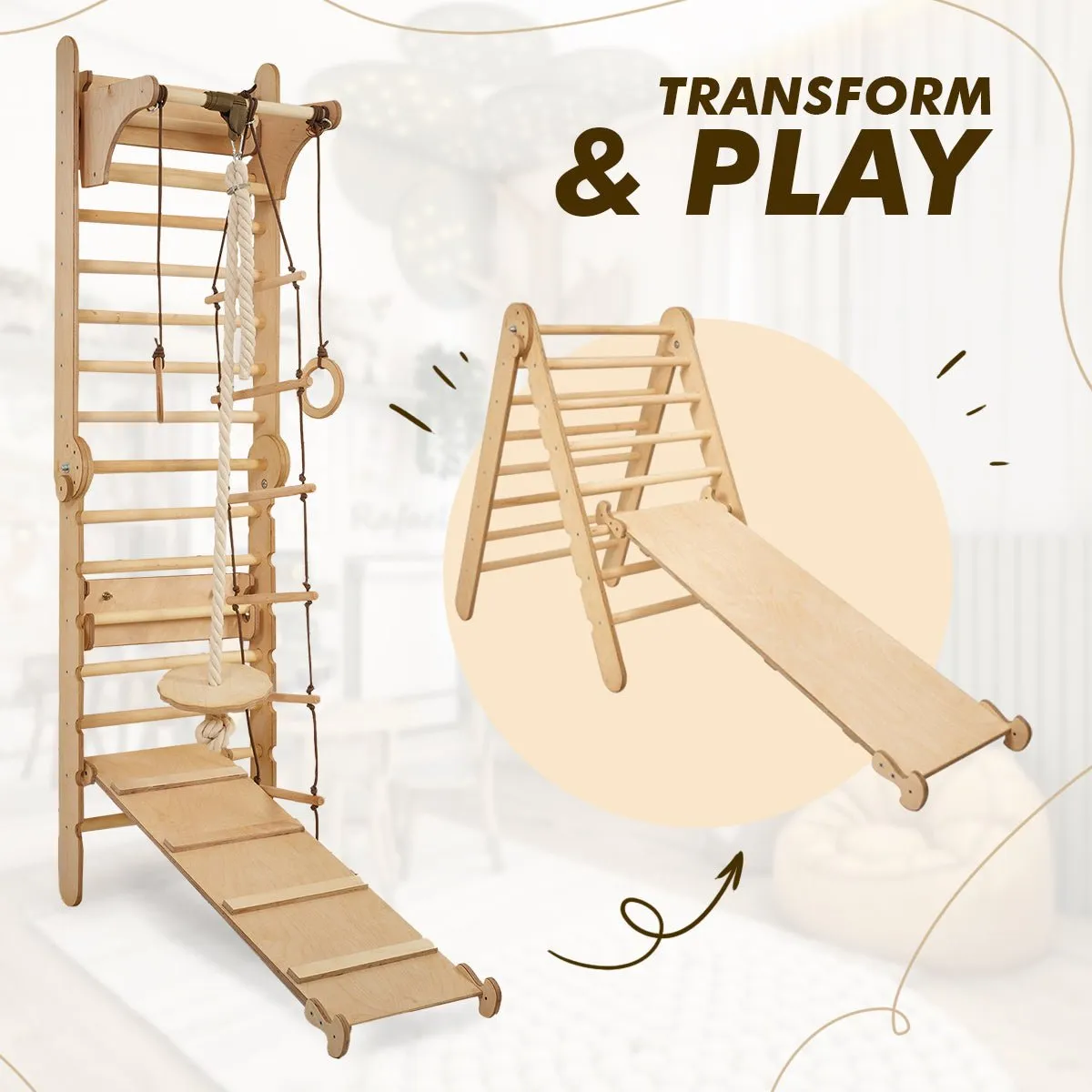 4in1 Climbing Set: Wooden Swedish Wall   Swing Set   Slide Board   Triangle Ladder