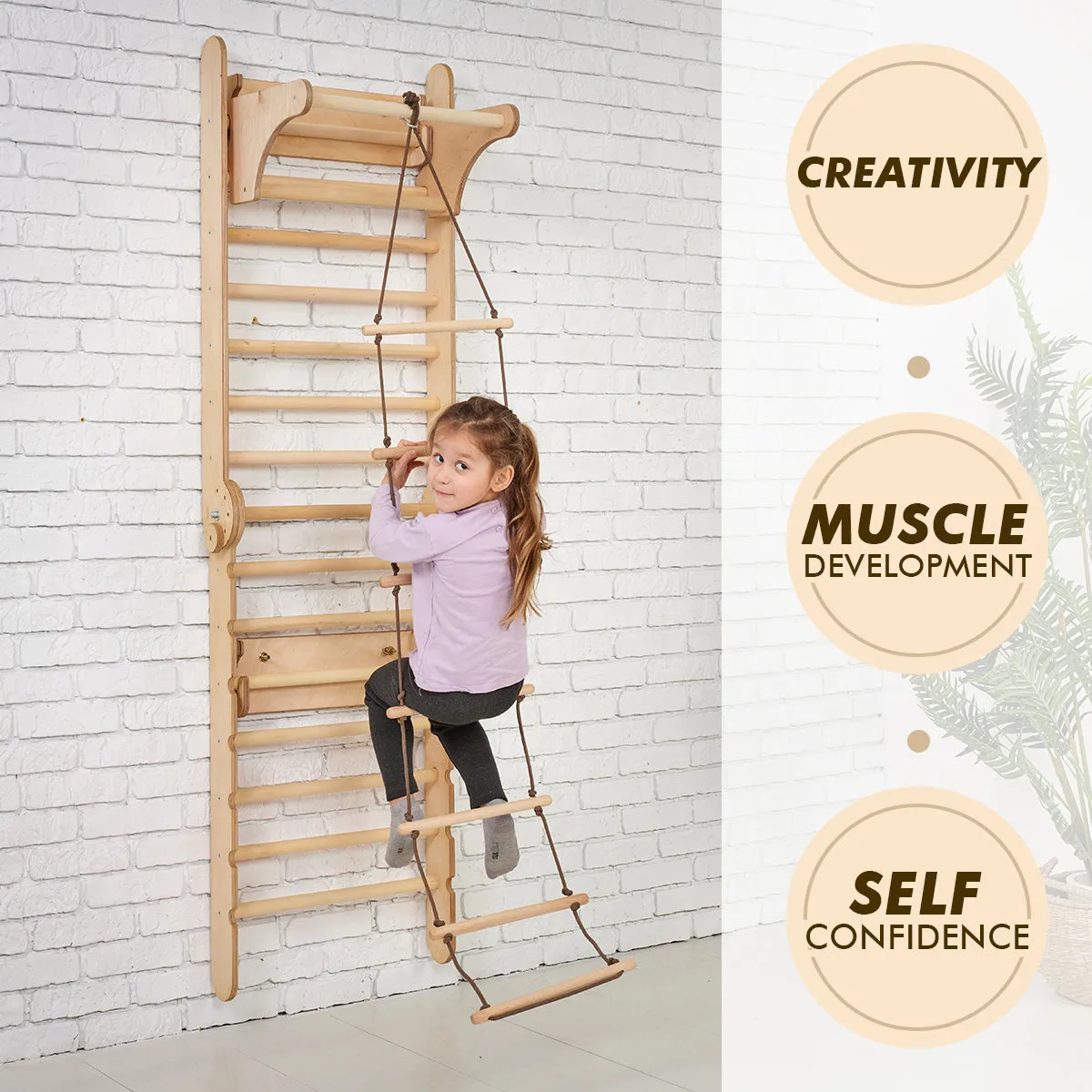 4in1 Climbing Set: Wooden Swedish Wall   Swing Set   Slide Board   Triangle Ladder