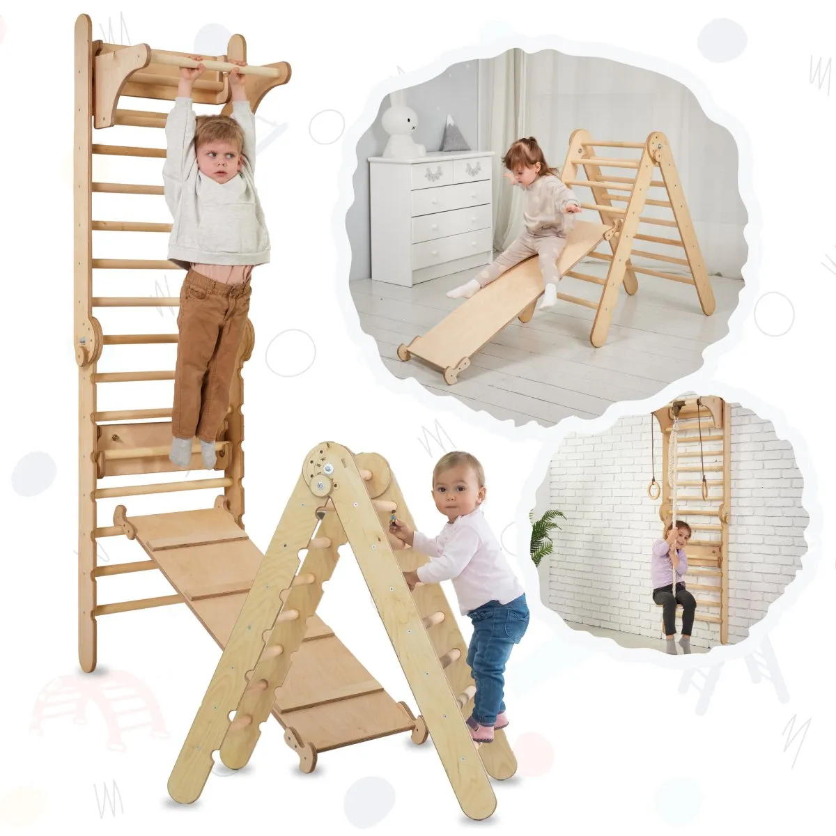 4in1 Climbing Set: Wooden Swedish Wall   Swing Set   Slide Board   Triangle Ladder