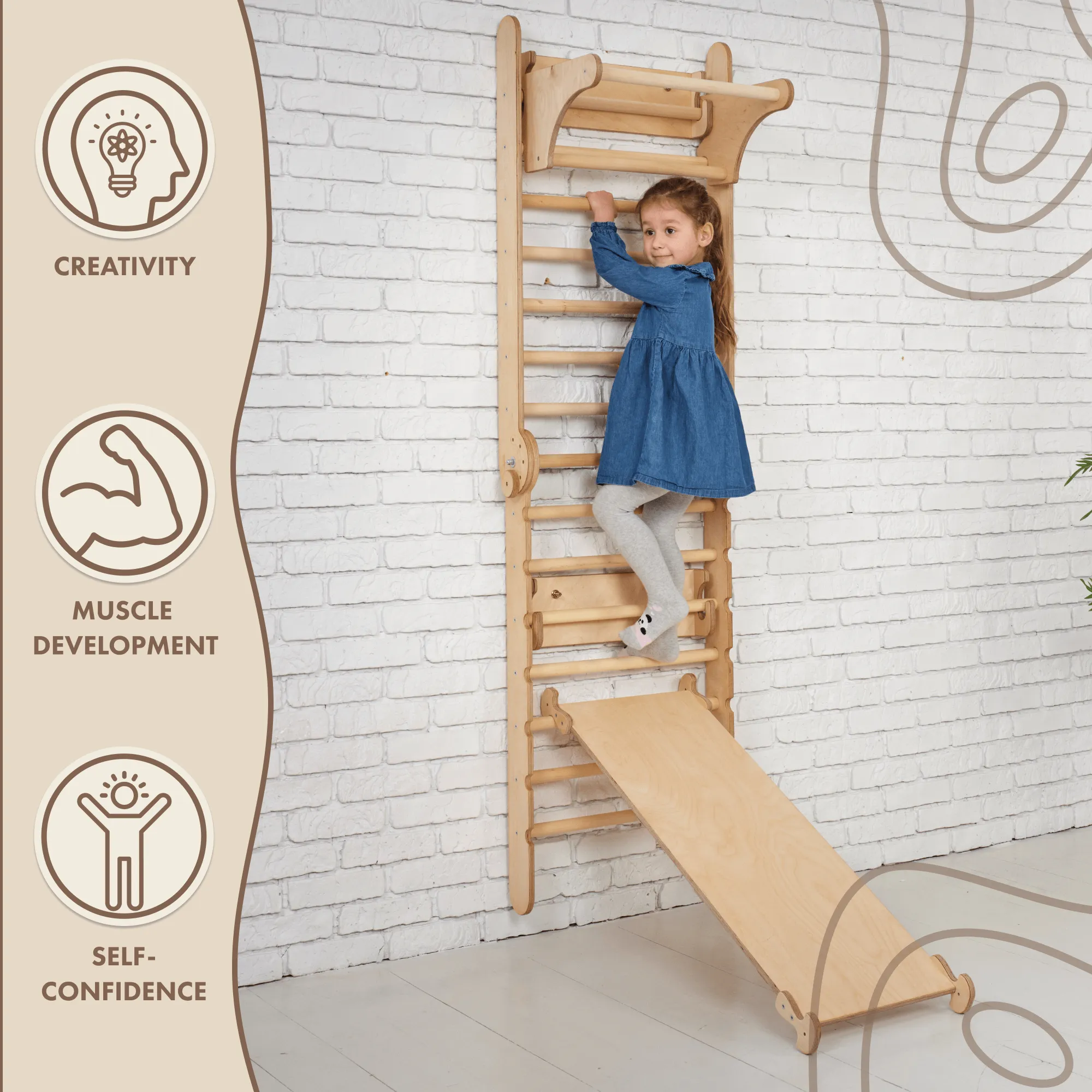 4in1 Climbing Set: Wooden Swedish Wall   Swing Set   Slide Board   Triangle Ladder