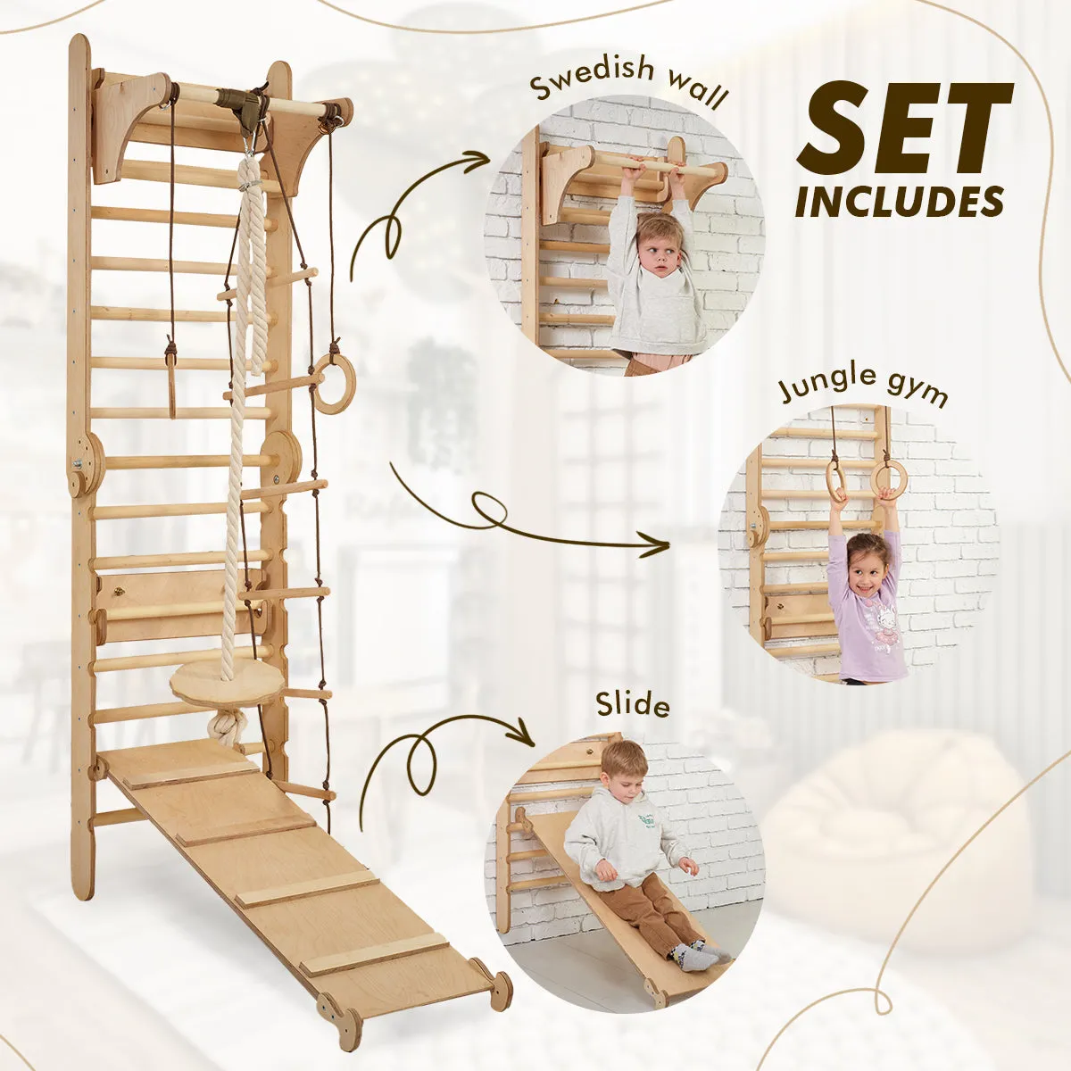 4in1 Climbing Set: Wooden Swedish Wall   Swing Set   Slide Board   Triangle Ladder