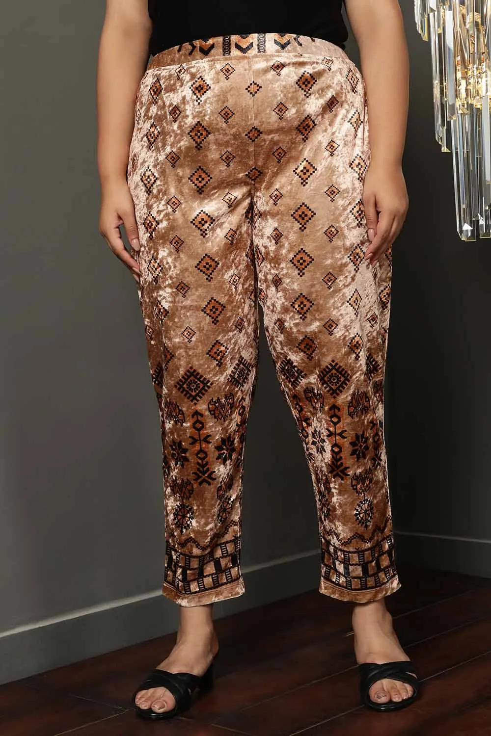 Beige Printed Velvet Pant