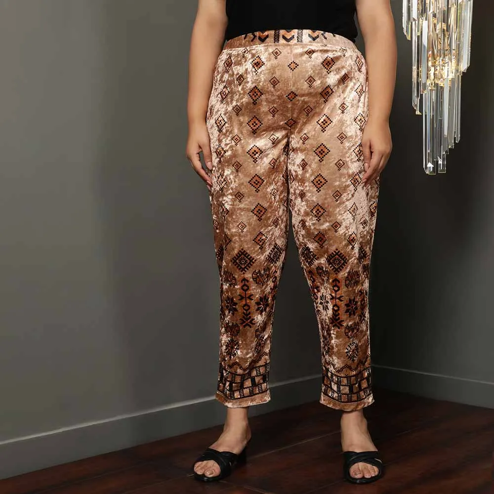 Beige Printed Velvet Pant