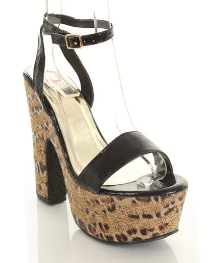 Black Faux Leather Open Toe Leopard Print Chunky Platform Sandal Heels