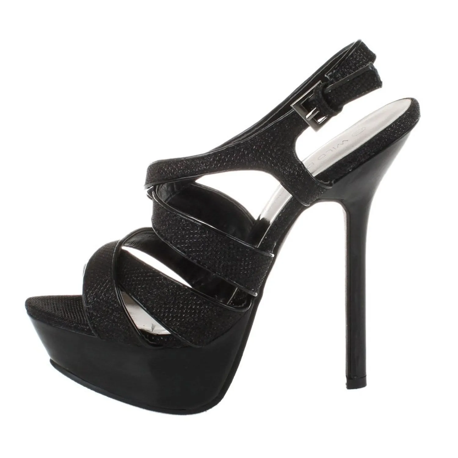 Black Glitter Strappy Open Toe Platform Stiletto Heels