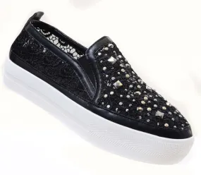 Black Rose Lace Rhinestone Slip On Platform Sneakers Women's