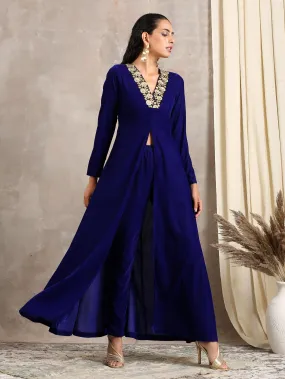 Blue Velvet Front Slit Kurta