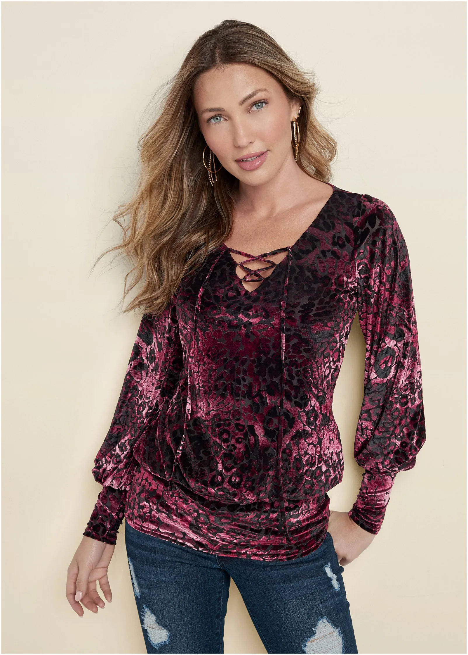 Burnout Velvet Top - Burgundy & Black