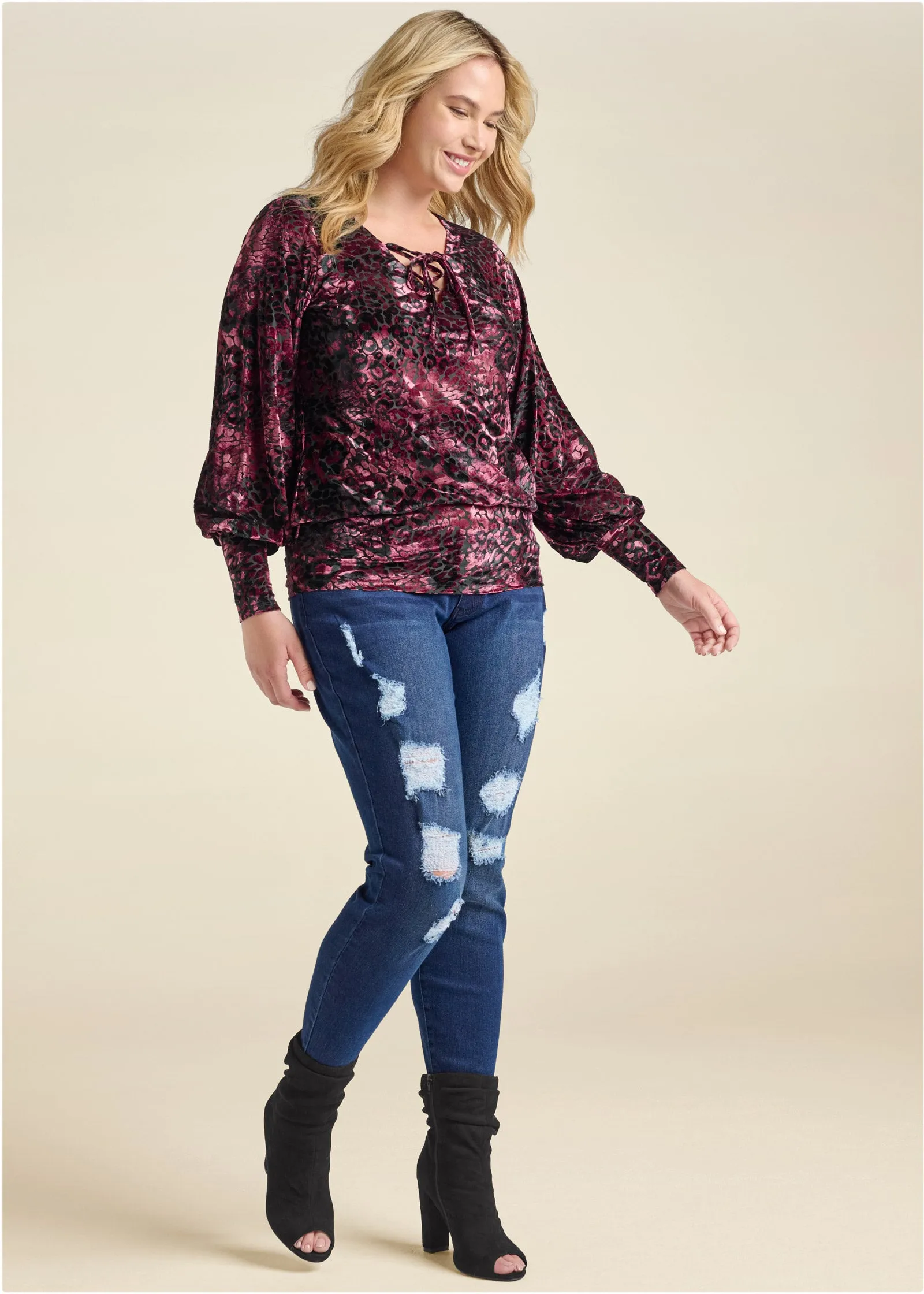 Burnout Velvet Top - Burgundy & Black