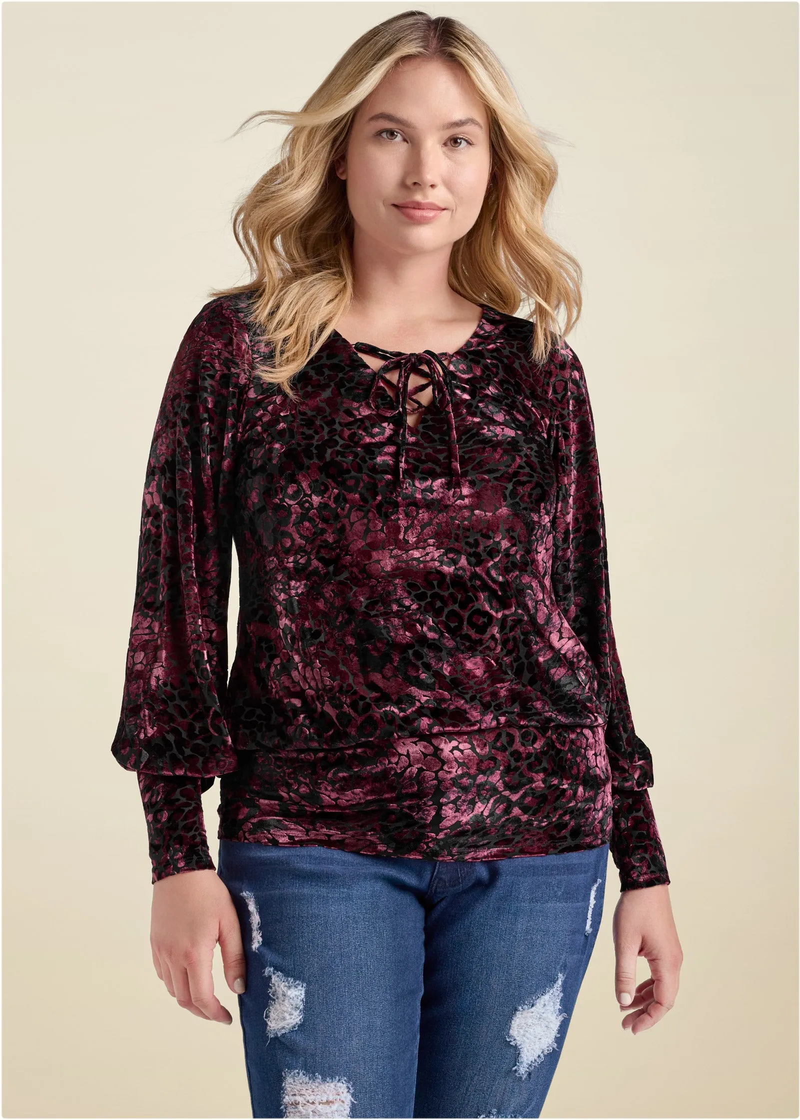 Burnout Velvet Top - Burgundy & Black