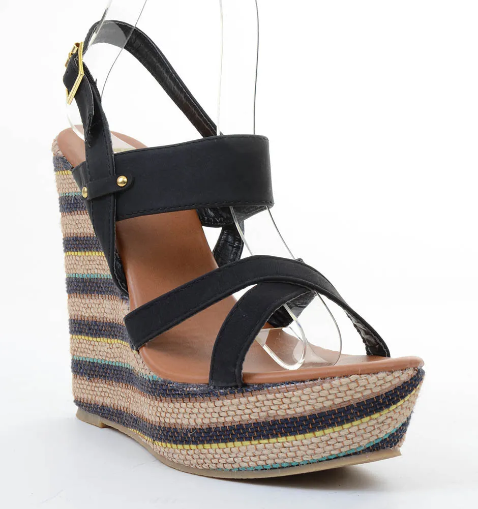 Criss-cross Striped Platform Sandal Wedges Black