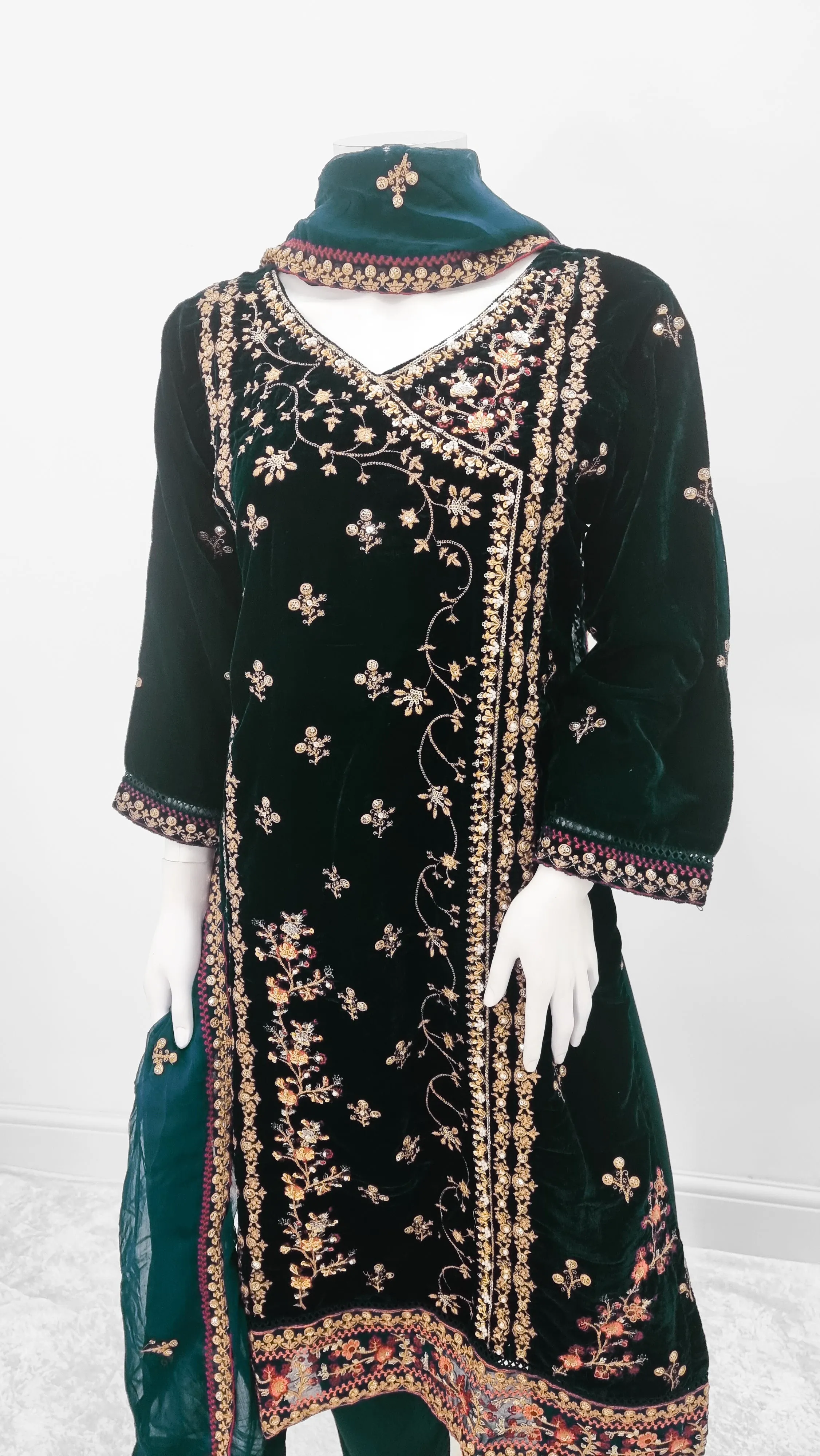 Green Embroidered Velvet 3-Piece Suit