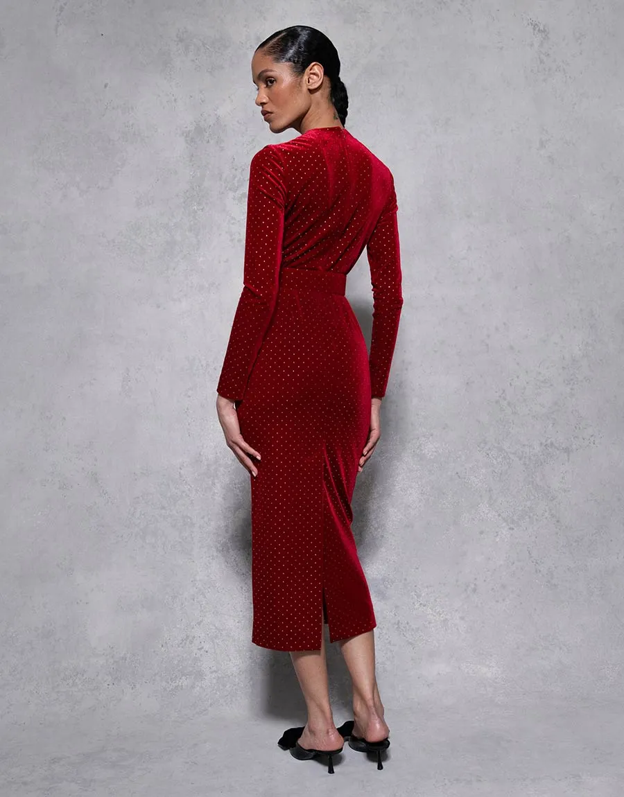 Kiara Velvet Midi Dress - Crystal Burgundy