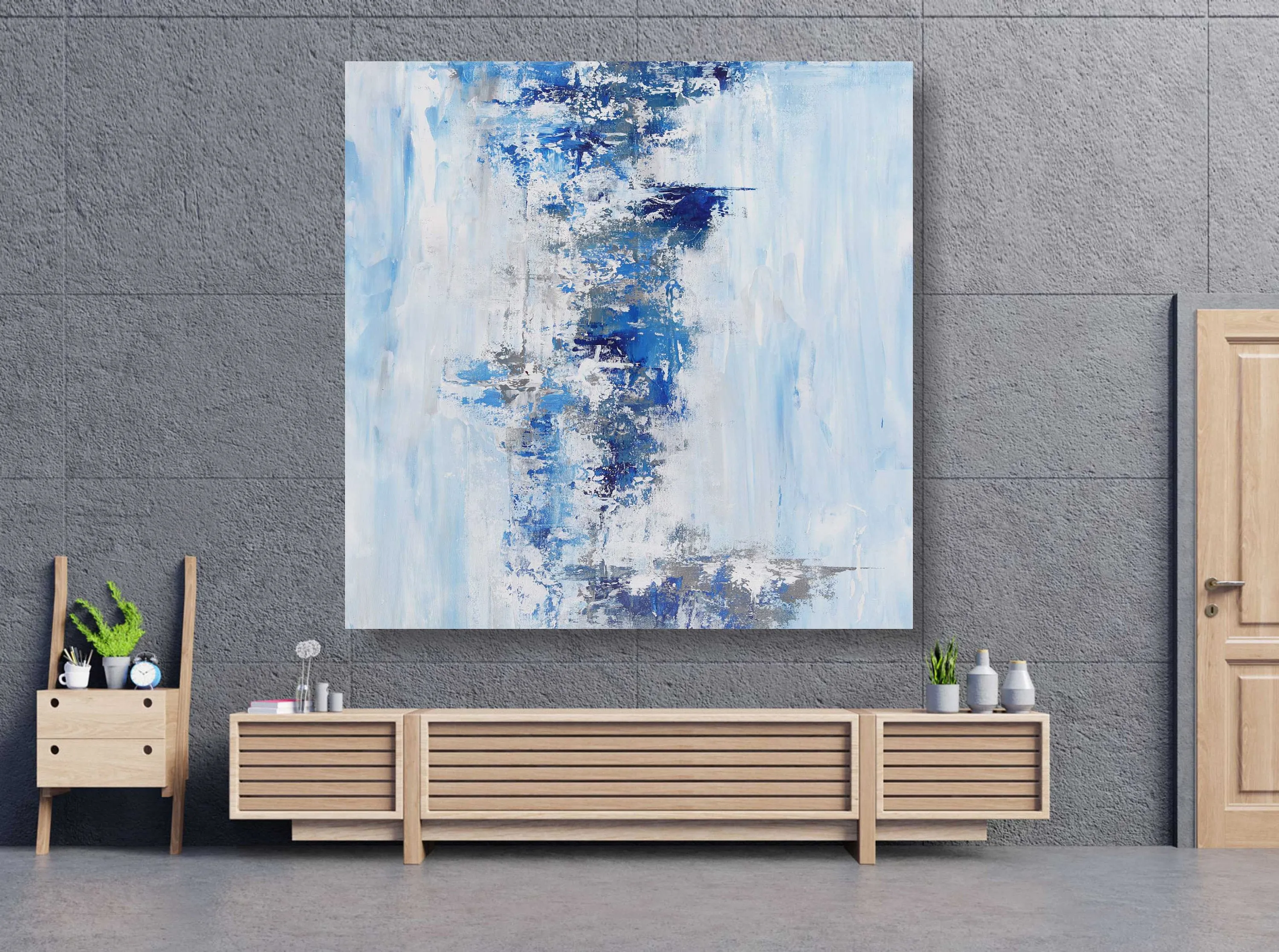 Large Contemporary Canvas Wall Art Blue Acrylic Painting On Canvas Bp052