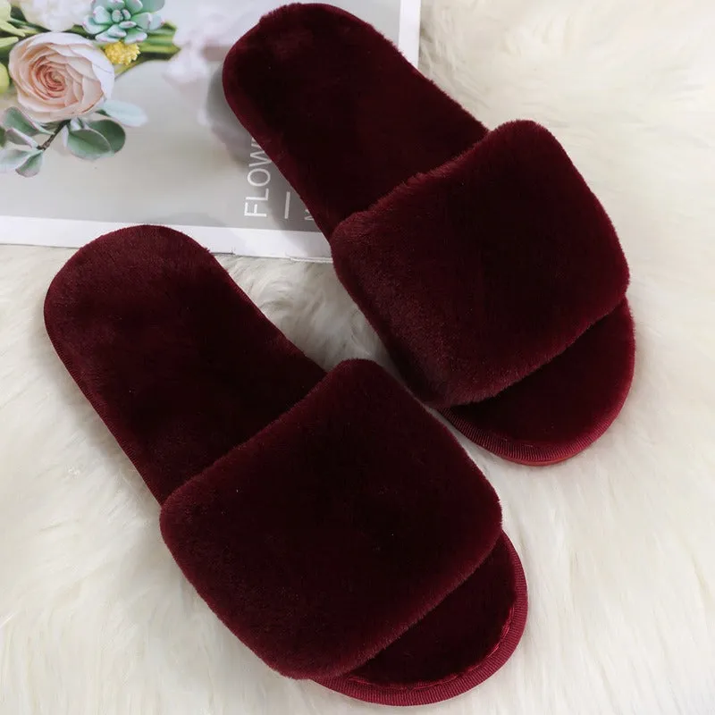 Plush Slippers for Women in Autumn and Winter New Indoor Lazy One Word Plush Slippers with Flat Bottom Cotton Slippers for Home Use