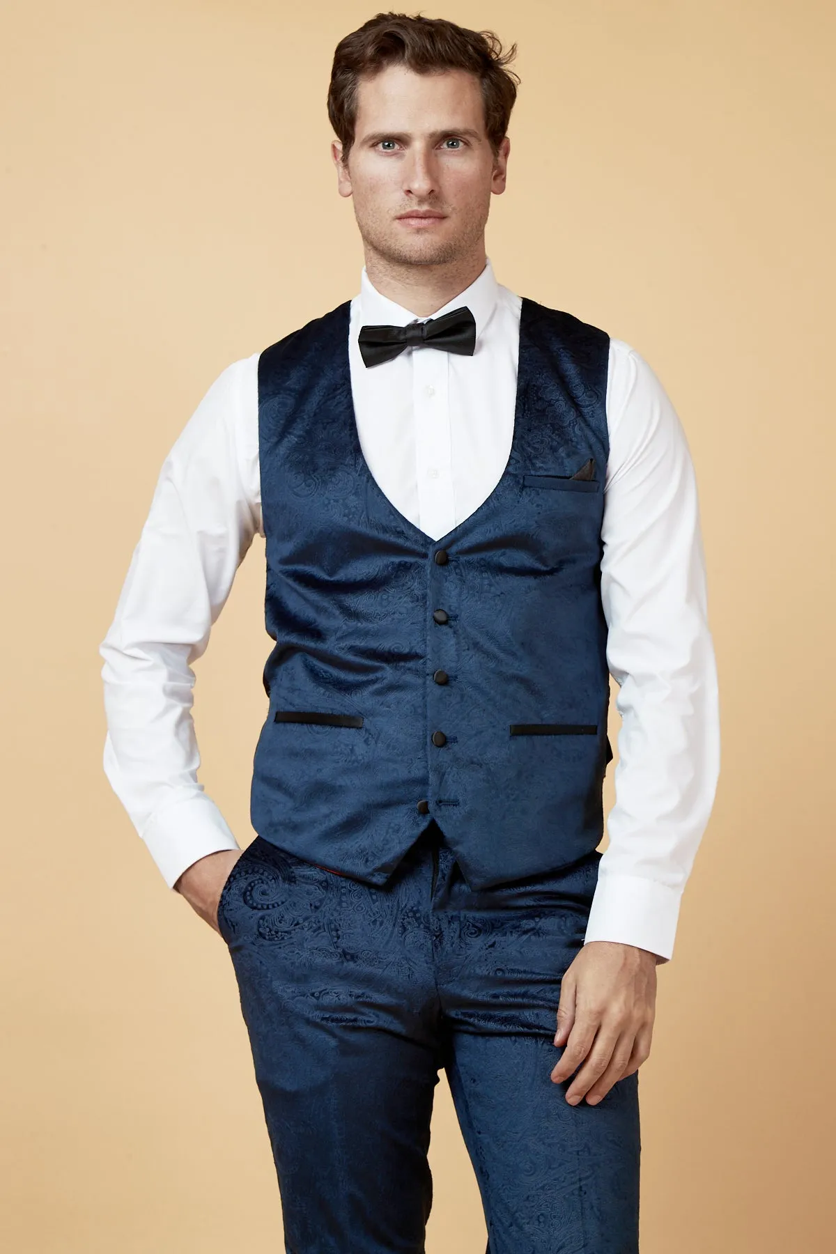 SIMON - Navy Velvet Jacquard Waistcoat