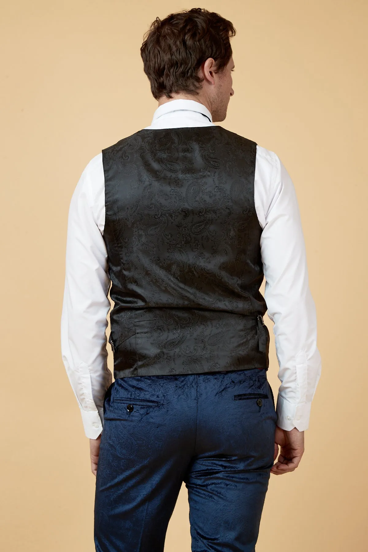 SIMON - Navy Velvet Jacquard Waistcoat