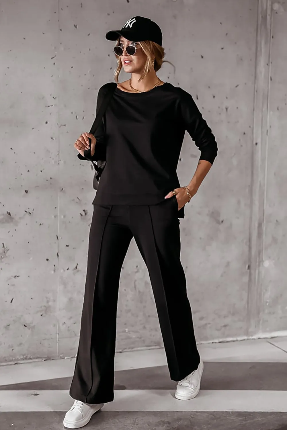 Solid Pullover and Seamed Casual Pants Set