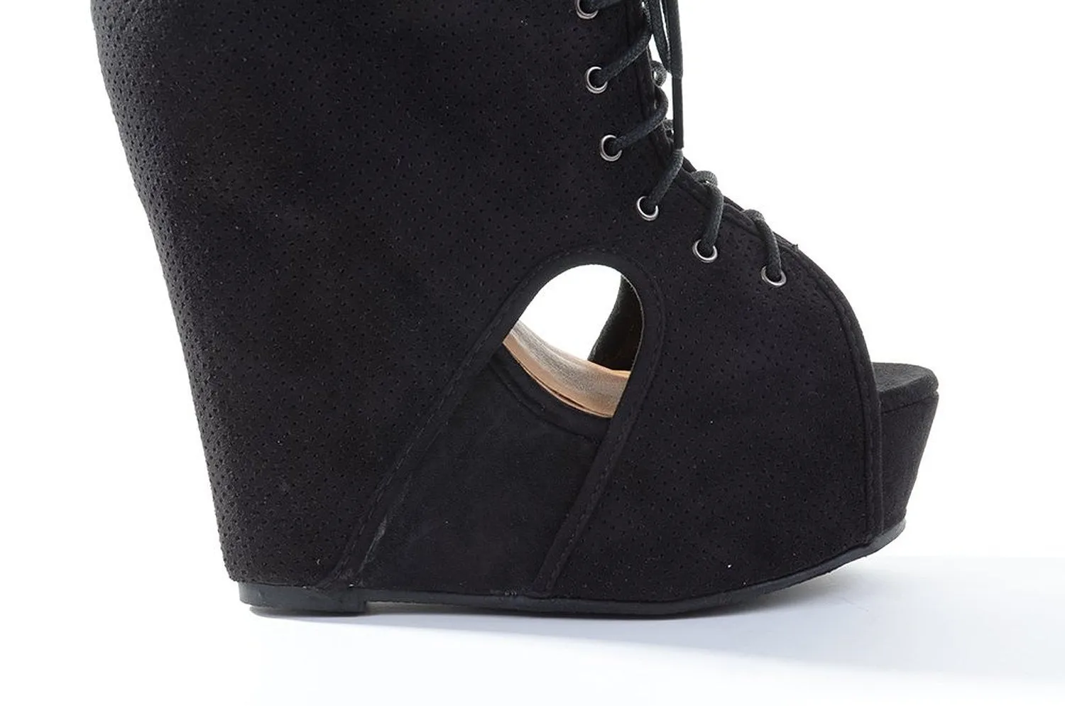 Tilda-07 Faux Suede Perforated Peep-Toe Wedge Bootie