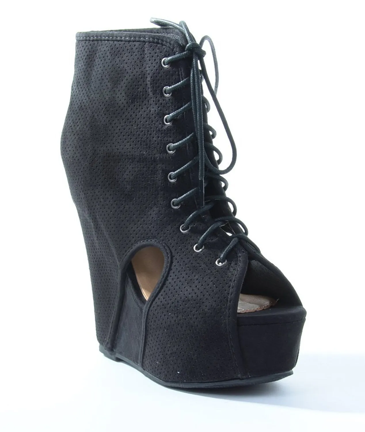 Tilda-07 Faux Suede Perforated Peep-Toe Wedge Bootie