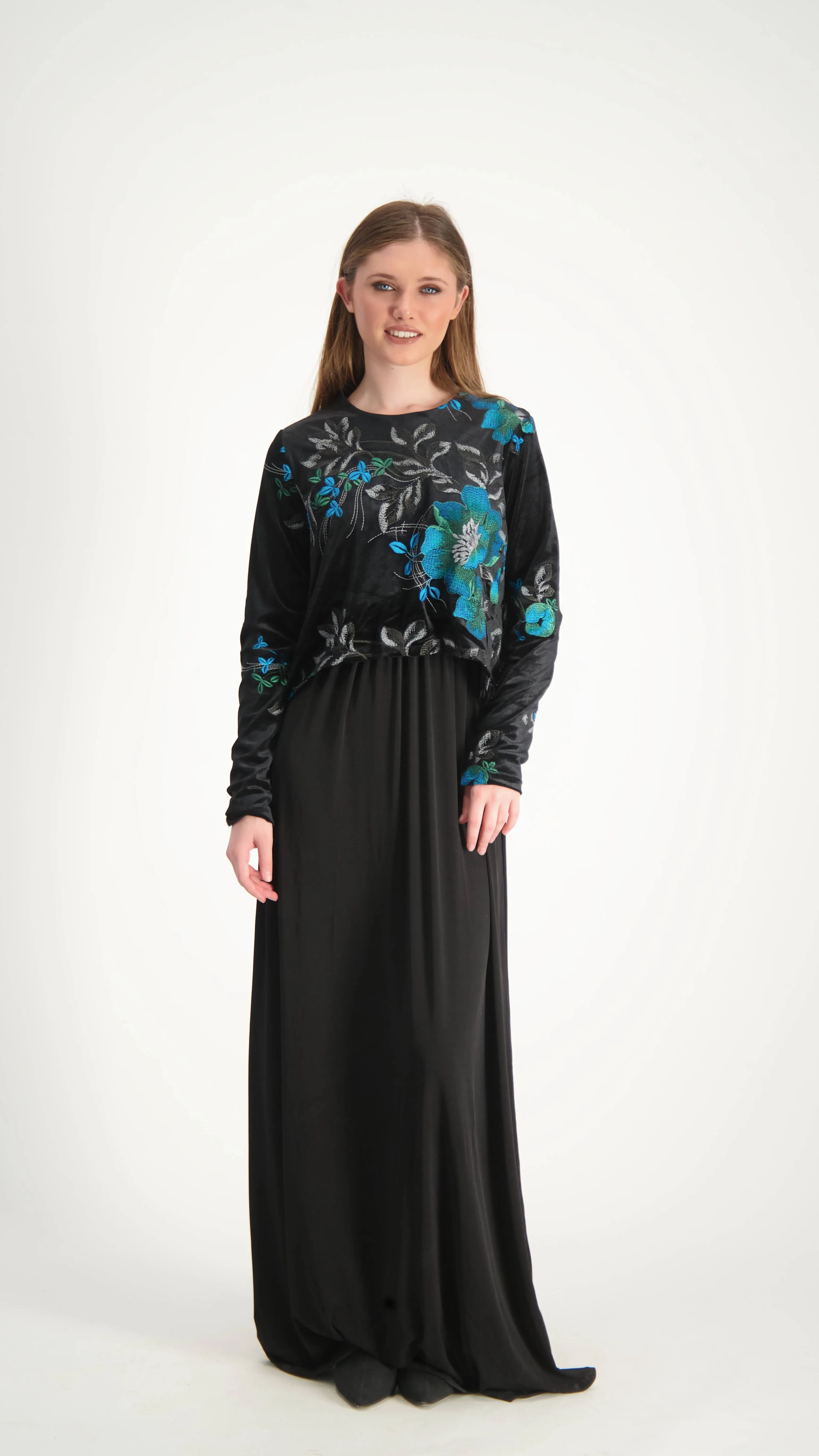 Velvet Maxi Nursing Dress / Blue Flowers