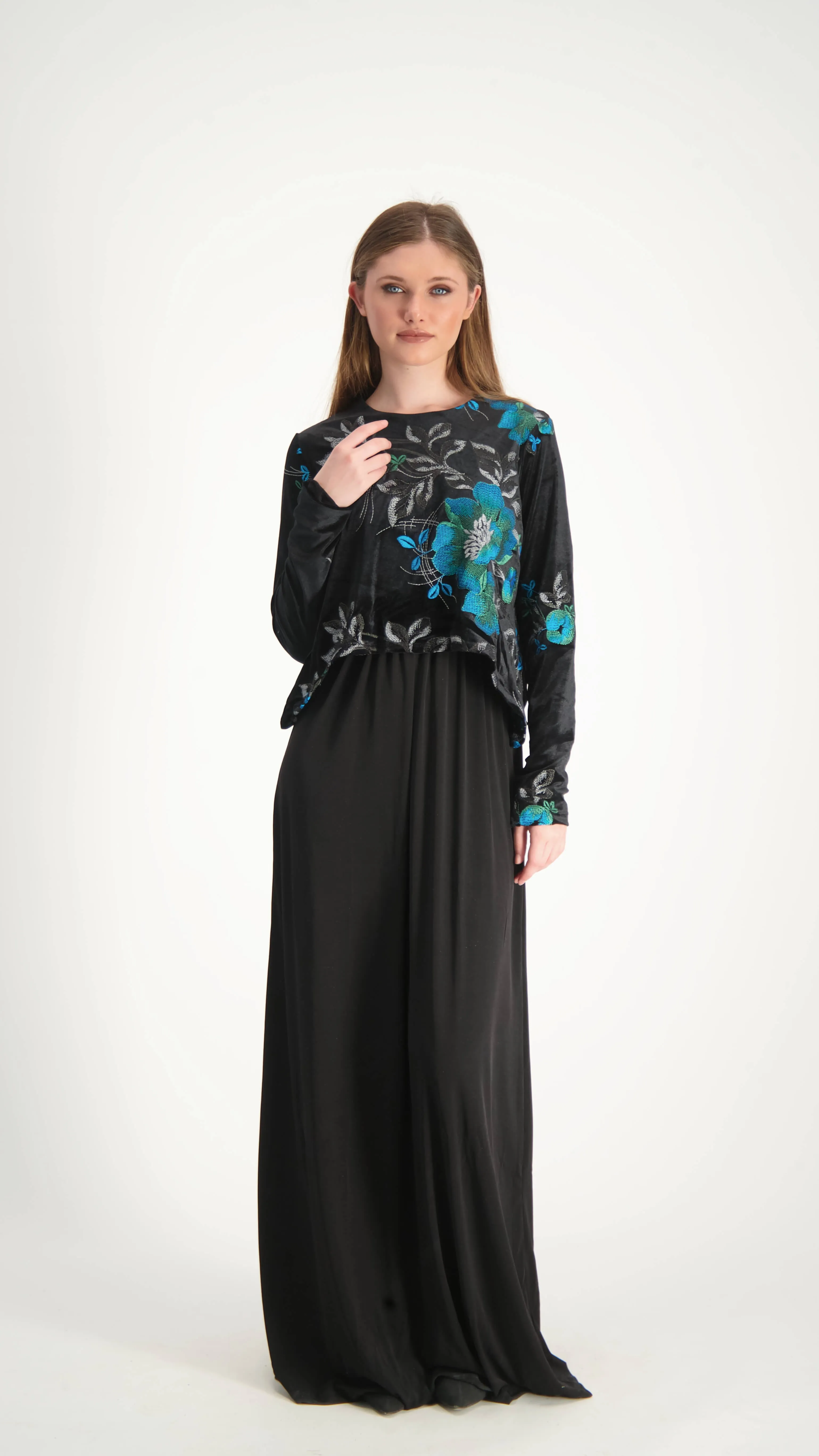 Velvet Maxi Nursing Dress / Blue Flowers