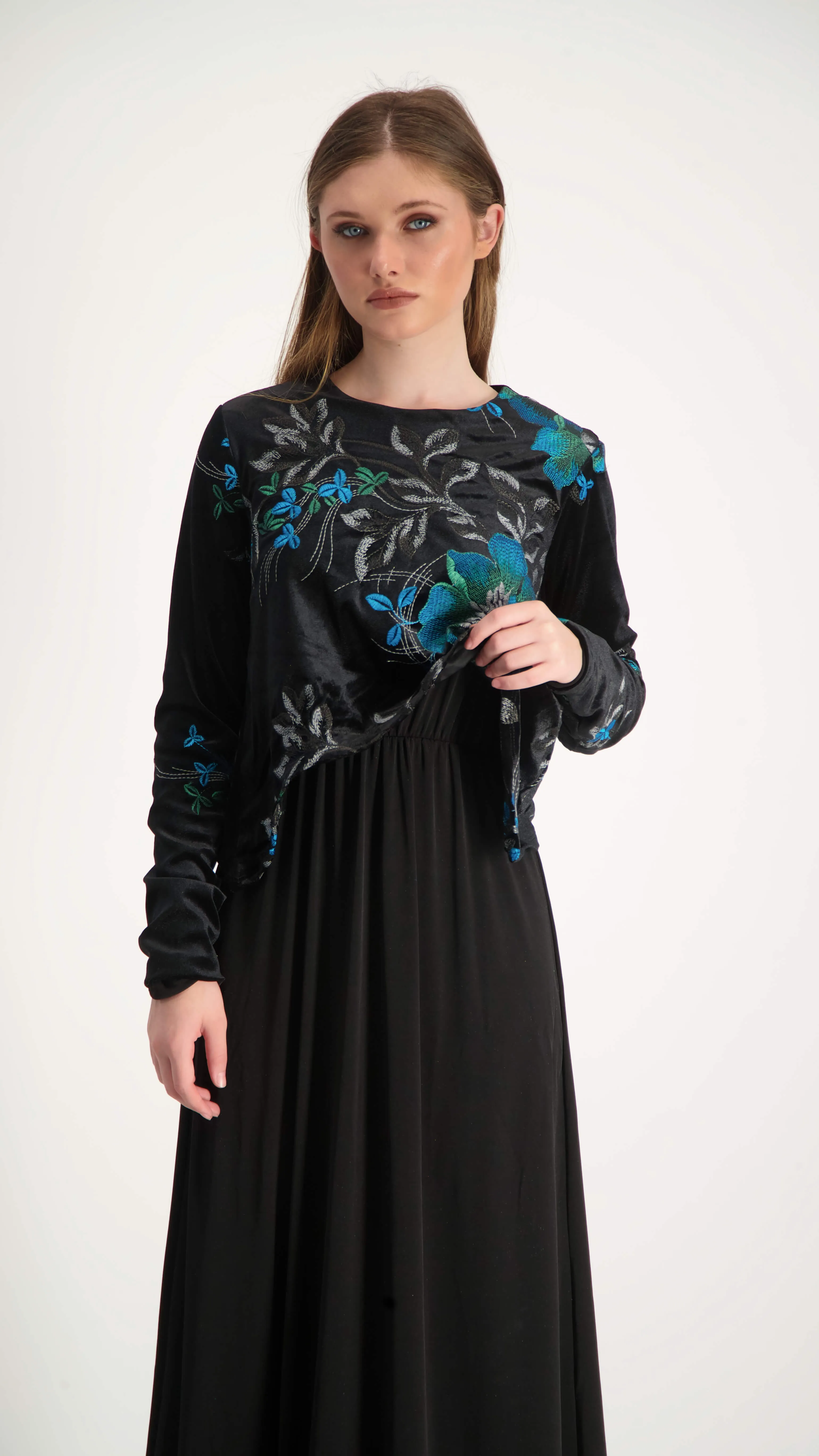 Velvet Maxi Nursing Dress / Blue Flowers