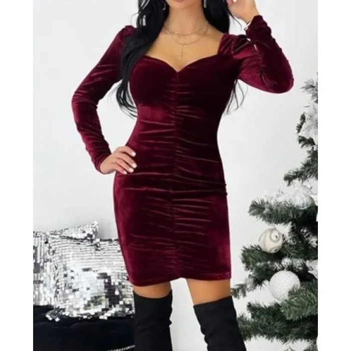 Wine Velvet Ruched Dress