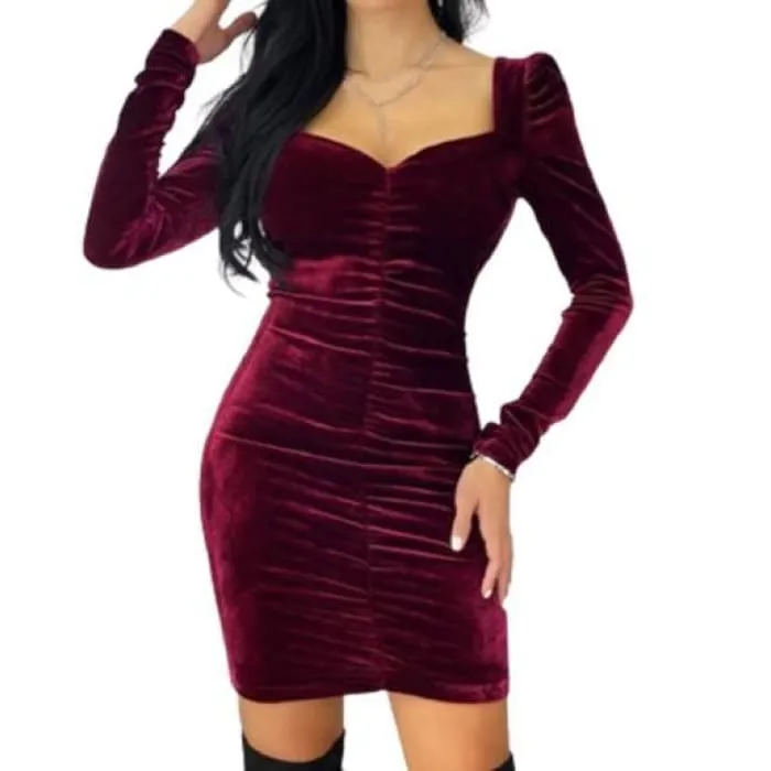 Wine Velvet Ruched Dress